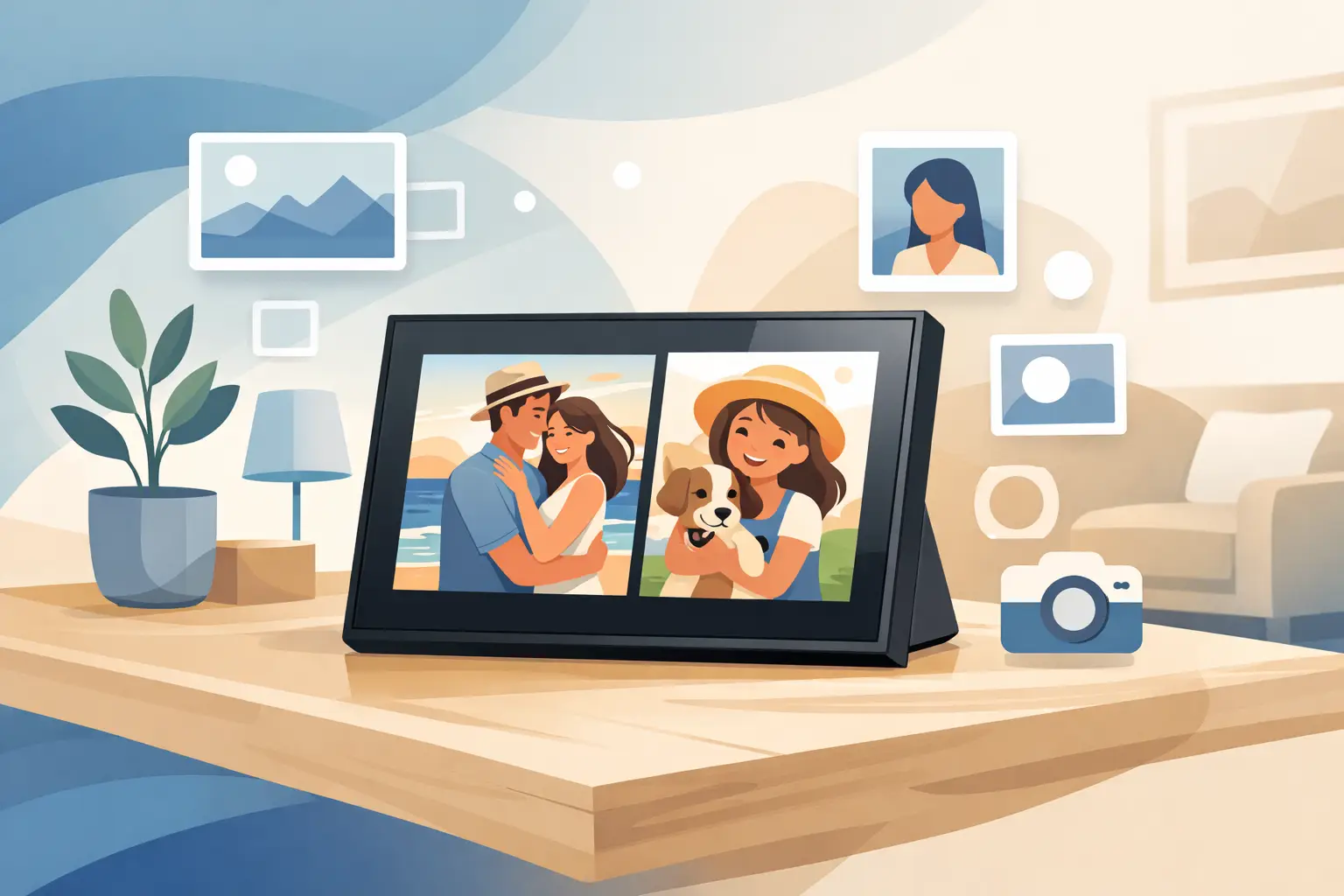 Digital photo frame showing family photographs