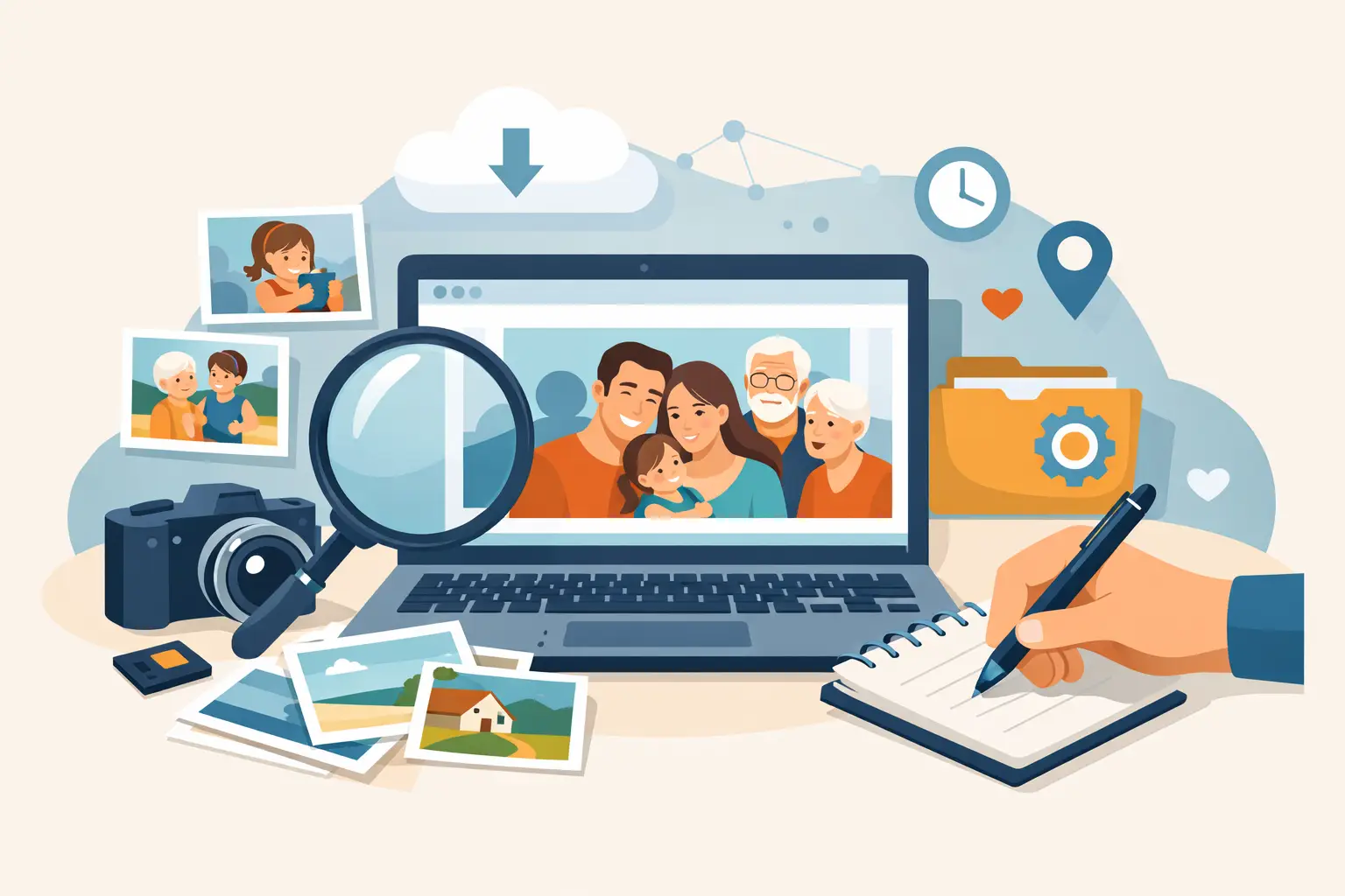 Family photographs with names, dates and notes