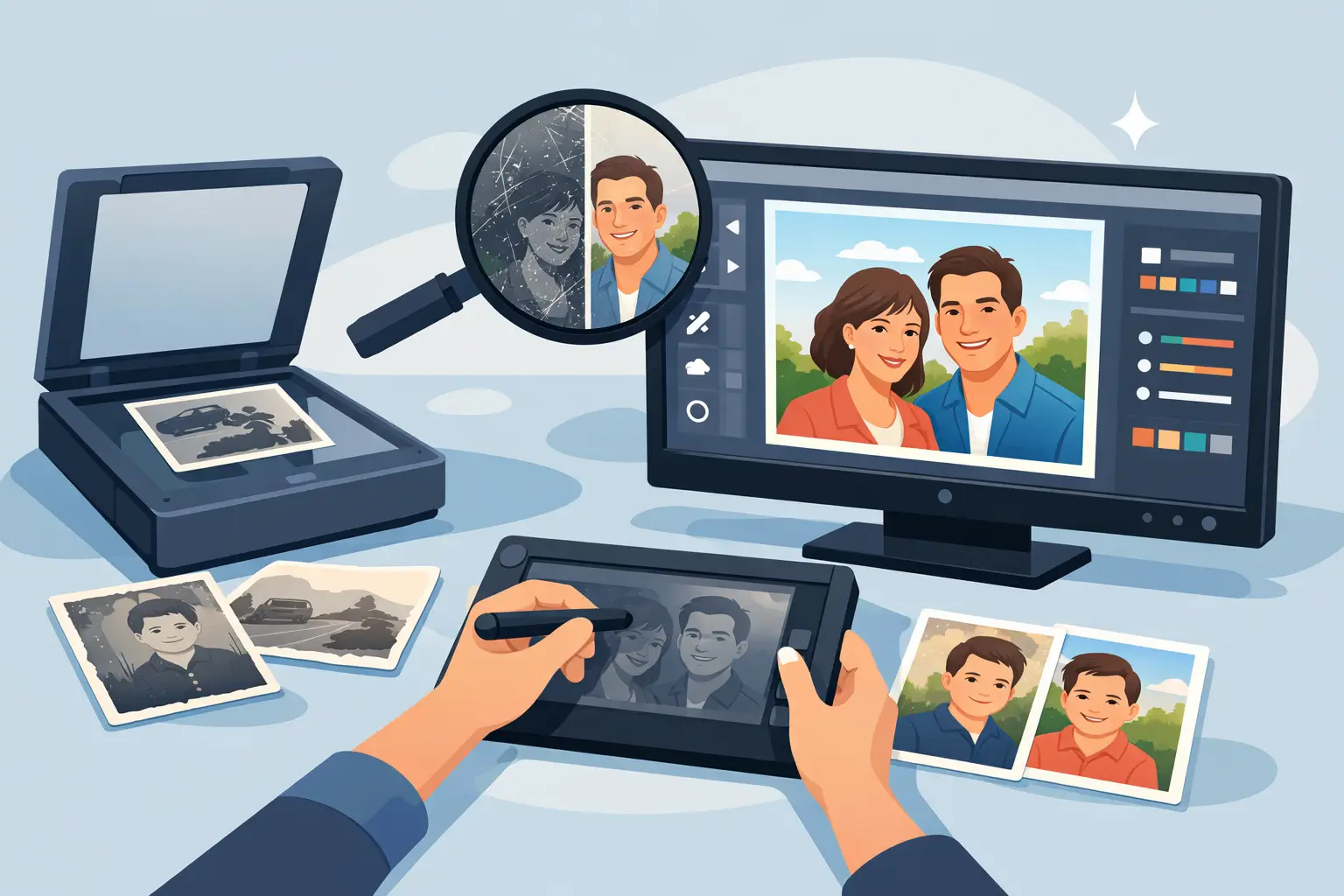 An old family portrait prepared for scanning and retouching